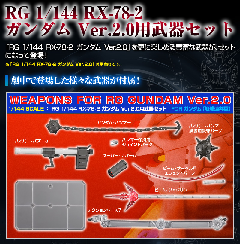 RG 1/144 RX-78-2 ガンダム Ver.2.0用武器セット 8/31(土)ガンダムベース各店とGUNDAM SIDE-Fで特別販売決定！  − スペシャル｜THE GUNDAM BASE - ガンダムベース公式サイト